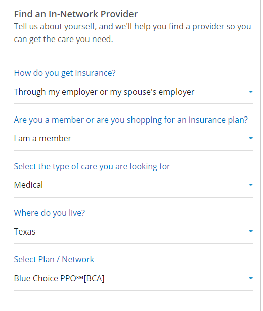 How can I find a provider in my Blue Cross Blue Shield (BCBSTX) network?